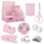 SKYDUE Pink Desk Accessories, Pink Office Supplies Set, Mesh Desk Organizer, Stapler, Tape Dispenser, Scissors, Binder/Paper Clips and 1000pcs Staples, Desk Organizer for Women, Gifts