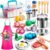 Sundaymot Play Kitchen Accessories Toys with Wooden Play Food & Stainless Steel Pots – Kids Kitchen Playset with Cutting Play Food, Apron & Storage Box for Toddlers Ages 3-5, Pretend Kitchen Gift