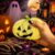 TREBIN Halloween Pumpkin Stress Ball, Cute Glitter Dumpling Squishies for Adults, Spooky Ghost Decorations, Halloween Pumpkins Squeeze Fidget Toys for Anxiety Relief (Yellow)