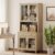 WAMPAT 72″ Tall Bookcase with Glass Doors & Drawer, Large Farmhouse Display Book Shelf with Bar Cabinet, Library Wood Bookshelves for Living Room,Kitchen, Oak