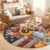 Washable Round Area Rug 4ft Thanksgiving Pumpkin Sunflower Leaf Non-Slip Soft Living Room Rug, Retro USA Flag Wood Board Non-Shedding Bedroom Carpet for Home Dining Room