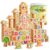 Wooden Toy Blocks, DIY Build Set , 100pc Wood Blocks+42pc Animal/Fruit