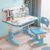 YESBAY Kids Desk and Chair Set, Height Adjustable Study Table with Storage Drawer and Bookshelf, Widened Writing Desktop, Ergonomic School Workstation for Homework, Reading and Art, Blue