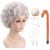 YWLUUOO 100 Days of School Costume Set Halloween Old Lady Costume Grandma Wig Granny Glasses Old Lady Dress Up Outfit Halloween Set